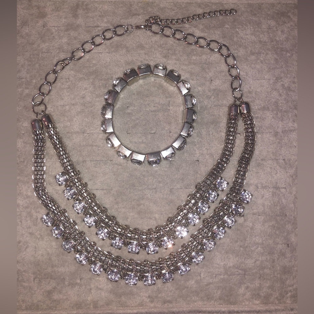 Multi-Layered Rhinestones Necklace with Matching Bracelet. Pre-Owned.